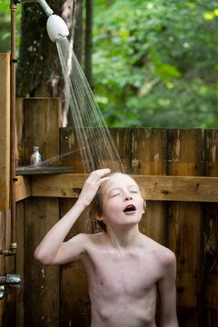 Boy Bathing Outdoor Shower Summer Cottage