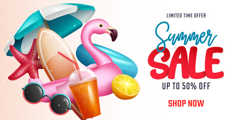 Summer sale vector banner design. Summer sale text limited time offer with tropical season objects for travel vacation and seasonal shopping discount ads. Vector illustration.
