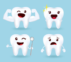 Emoji tooth vector set design. Emojis teeth emoticon collection in happy and jolly facial expression with healthy and strong oral hygiene for clean dental health. Vector illustration.
