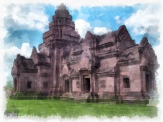 Fototapeta premium Ancient stone castle and ancient pattern art in Thailand watercolor style illustration impressionist painting.