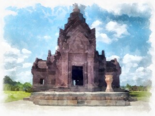 Fototapeta premium Ancient stone castle and ancient pattern art in Thailand watercolor style illustration impressionist painting.