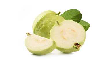 Guava fruits with in half and leaves on white background.