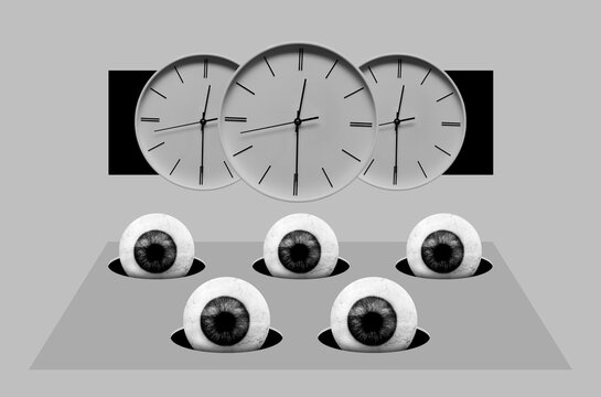 Eyeballs out of holes and clocks on backgraund