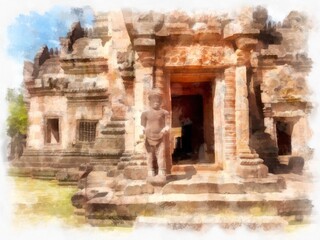 Fototapeta premium Ancient stone castle and ancient pattern art in Thailand watercolor style illustration impressionist painting.