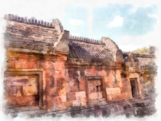 Fototapeta premium Ancient stone castle and ancient pattern art in Thailand watercolor style illustration impressionist painting.