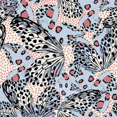 Butterfly and leopard motifs combined pattern. Stylish and seamles template.