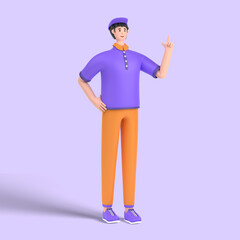 3d male character having great idea, finding inspiration or solution to problem, pointing finger up