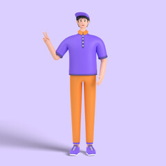 3d male character showing fingers doing victory sign, number two