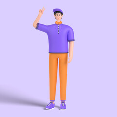 3d male character showing and pointing up with fingers number two, victory sign