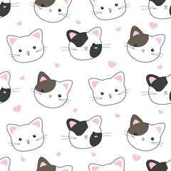 Cat and heart seamless pattern on white background vector illustration