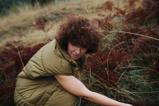 Red-Haired Woman Picking Ferns in the   Countryside