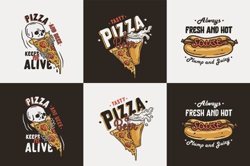 Beer mug and skeleton with pizza and hot dog for print bistro. Original brew design of beer and hotdog or fast food for bar