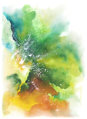 Green and yellow watercolor backround with paint splatter