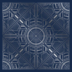 Silver art deco illustration with ornament on dark blue background