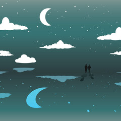 crescent moon night lover. Vector illustration with realistic moon and clouds and star sky.