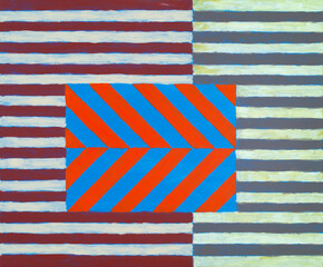 An Abstract Painting with blocks made up from stripes of contrasting color.