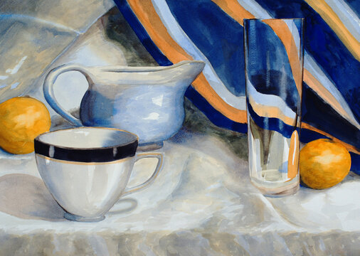 A Still Life Watercolour Painting; Cup, Jug and Glass.
