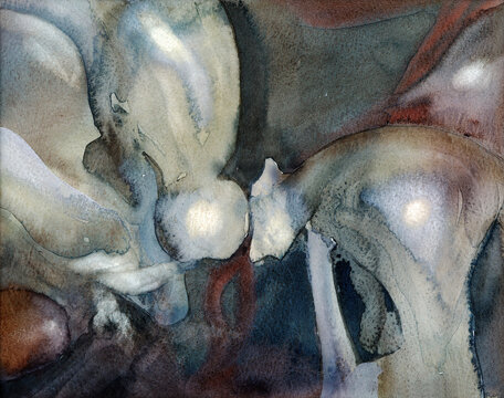 A watercolor painting of part of a whale skeleton.