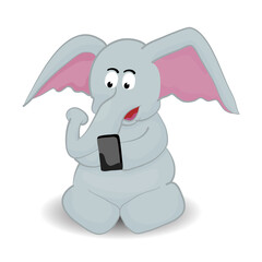 cartoon gray elephant sit and playing smartphone
