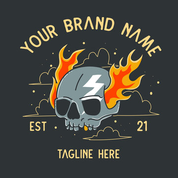 skull drawing on fire with copy space for shirt design
