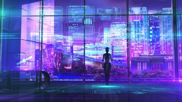 Sci-fi background coding with artificial intelligence, 3D render