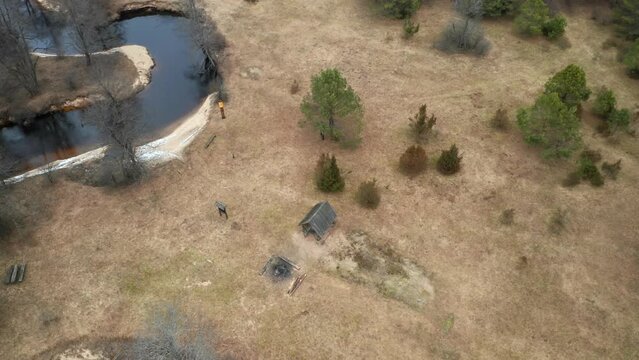 AERIAL: Shed nar the River in Dzukija National Park in Lithuania