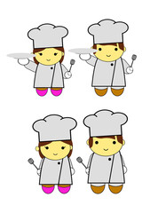 Simple Vector Set doodle woman and man chef holding empty plate and Spatula