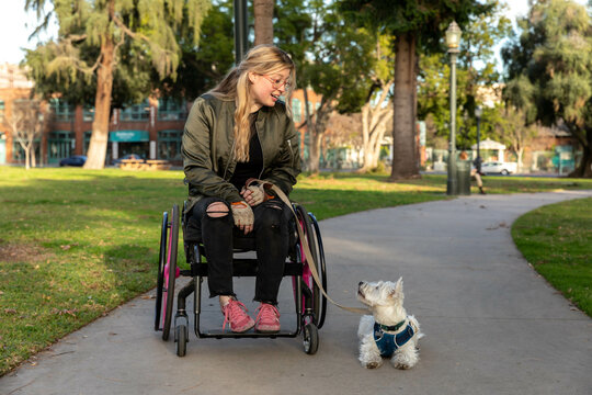 Woman in Wheelchair Looks at Dog