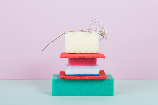 Sponges and brushes with a flower on top