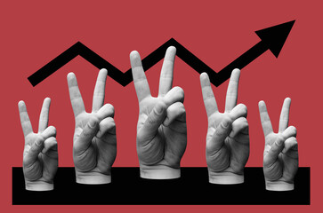 Digital collage with hands showing victory