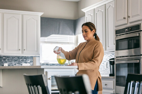 Kitchen: Woman Cleaning With Disinfectant Spray