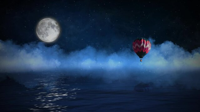 Hot Air Balloon Over Water with Full Moon 4K features an ocean or lake with rolling clouds, a full moon, and a hot air balloon floating above the water.