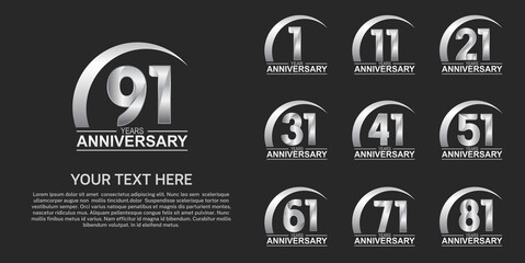 set anniversary logotype premium collection silver color with swoosh on black background