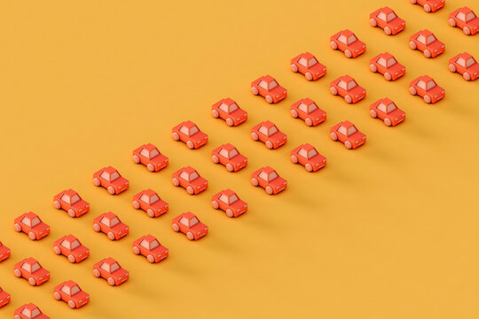 rows of Pink toy car on a yellow background