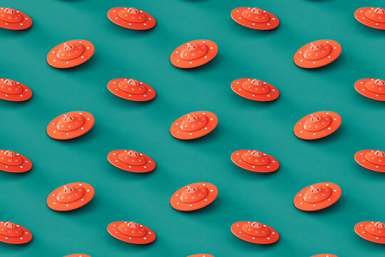 pattern of Pink UFOs or UAPs on a blue background. 