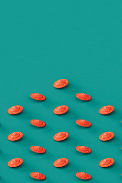 Pink UFOs on a blue background. with copy space.