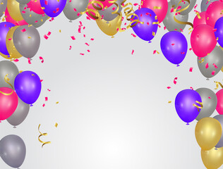 Party Balloons flowing from lower to across top. Holiday balloons and confetti flying on  background
