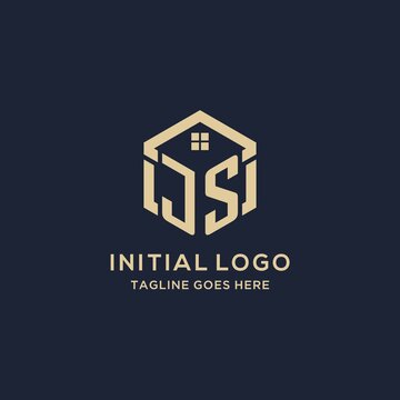 Initials JS logo with abstract home roof hexagon shape, simple and modern real estate logo design