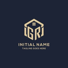Initials GR logo with abstract home roof hexagon shape, simple and modern real estate logo design - obrazy, fototapety, plakaty