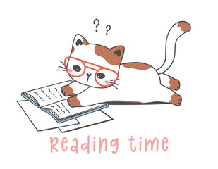 cute cat reads book cartoon doodle drawing illustration for greeting card