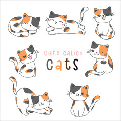 group of cute playful calico kitty cat drawing illustration, tricolor cats vector - obrazy, fototapety, plakaty