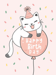 happy purfect birthday greeting card, cute funny playful kitty cat on birthday party balloon, animal pet cartoon drawing vector