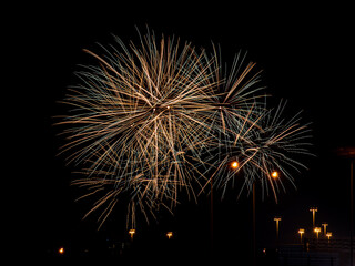 Color fireworks on black sky background