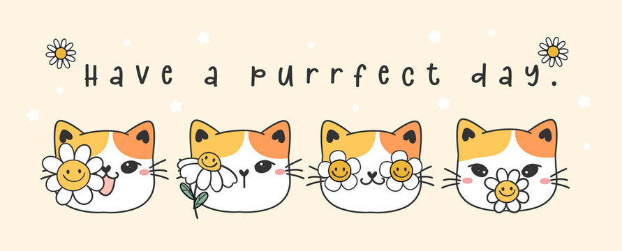 have a purrfect day banner, group of cute calico kitten cats faces with whute daisy flowers on faces, animal pet cartoon outline vector illustration