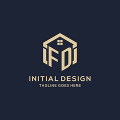 Initials FD logo with abstract home roof hexagon shape, simple and modern real estate logo design