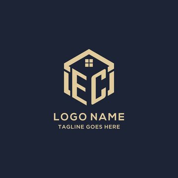 Initials EC logo with abstract home roof hexagon shape, simple and modern real estate logo design