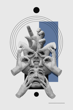 Collage In Surrealism Style With Male Faces And Hands