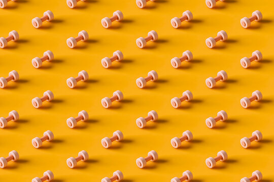 pattern of pink dumbbells on an orange background. 