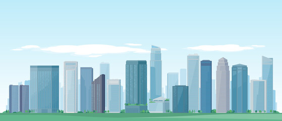 Fototapeta na wymiar Urban panorama cityscape with blue sky background. Vector illustration of green city landscape such as buildings, modern downtown skyscrapers, park and trees.
