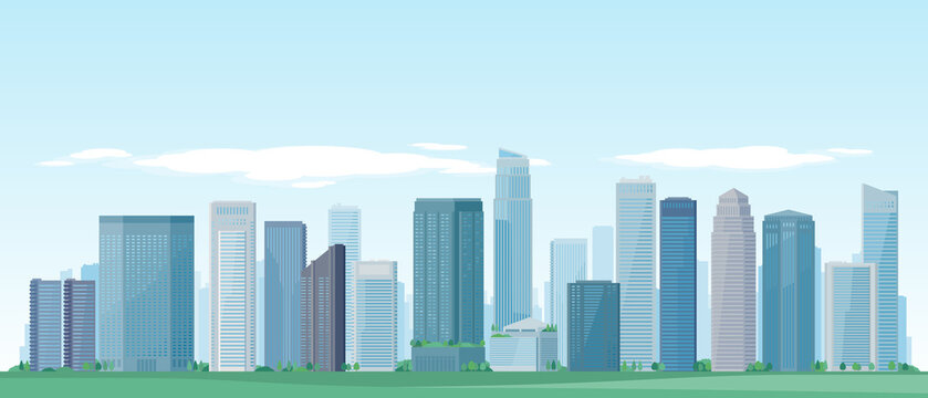 Urban panorama cityscape with blue sky background.
Vector illustration of green city landscape such as buildings, modern downtown skyscrapers, park and trees.